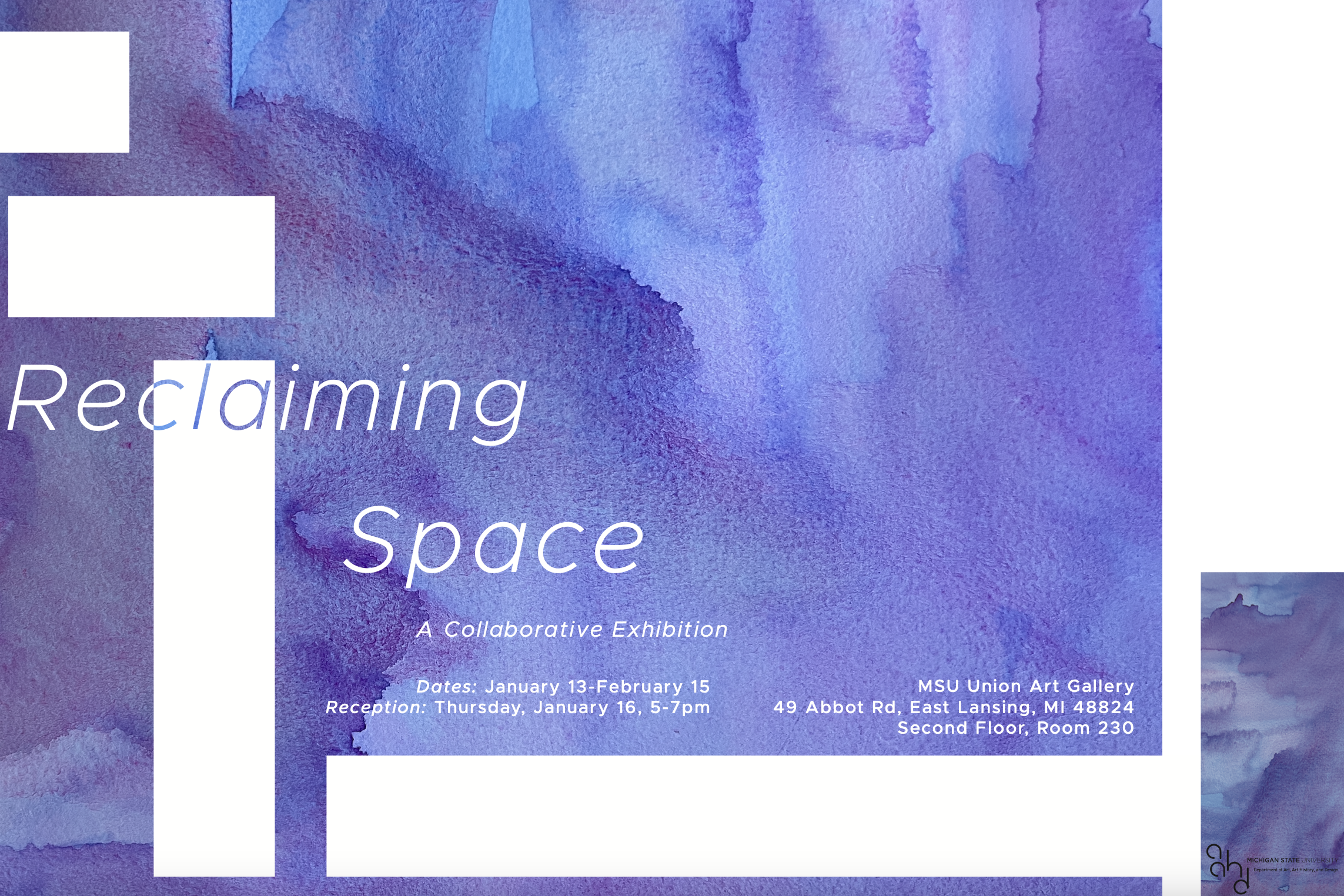 A purple and blue watercolor background. White text in the foreground reads, "Reclaiming Space."